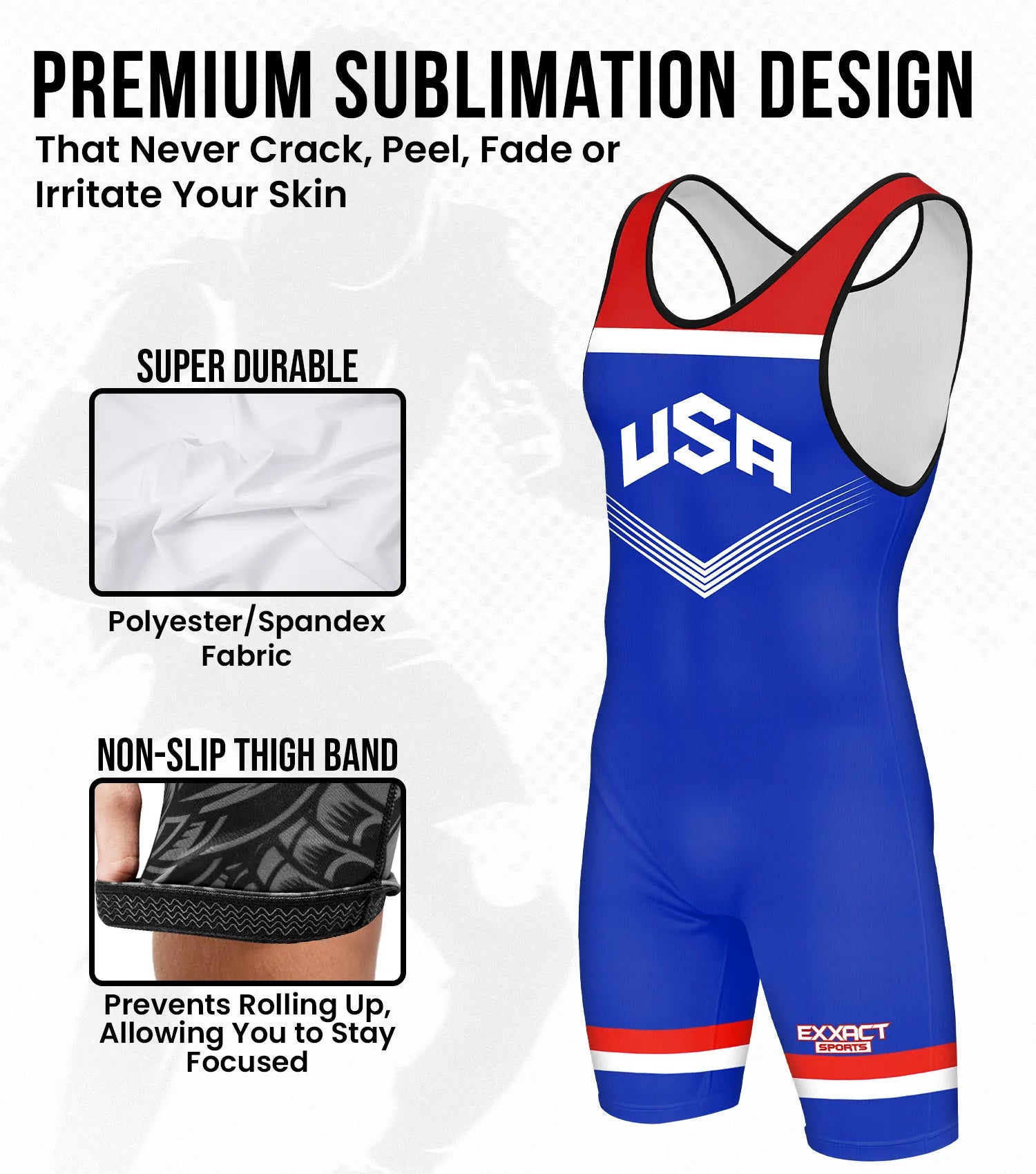 Boys Youth Sublimated Wrestling Singlets Royal Blue USA