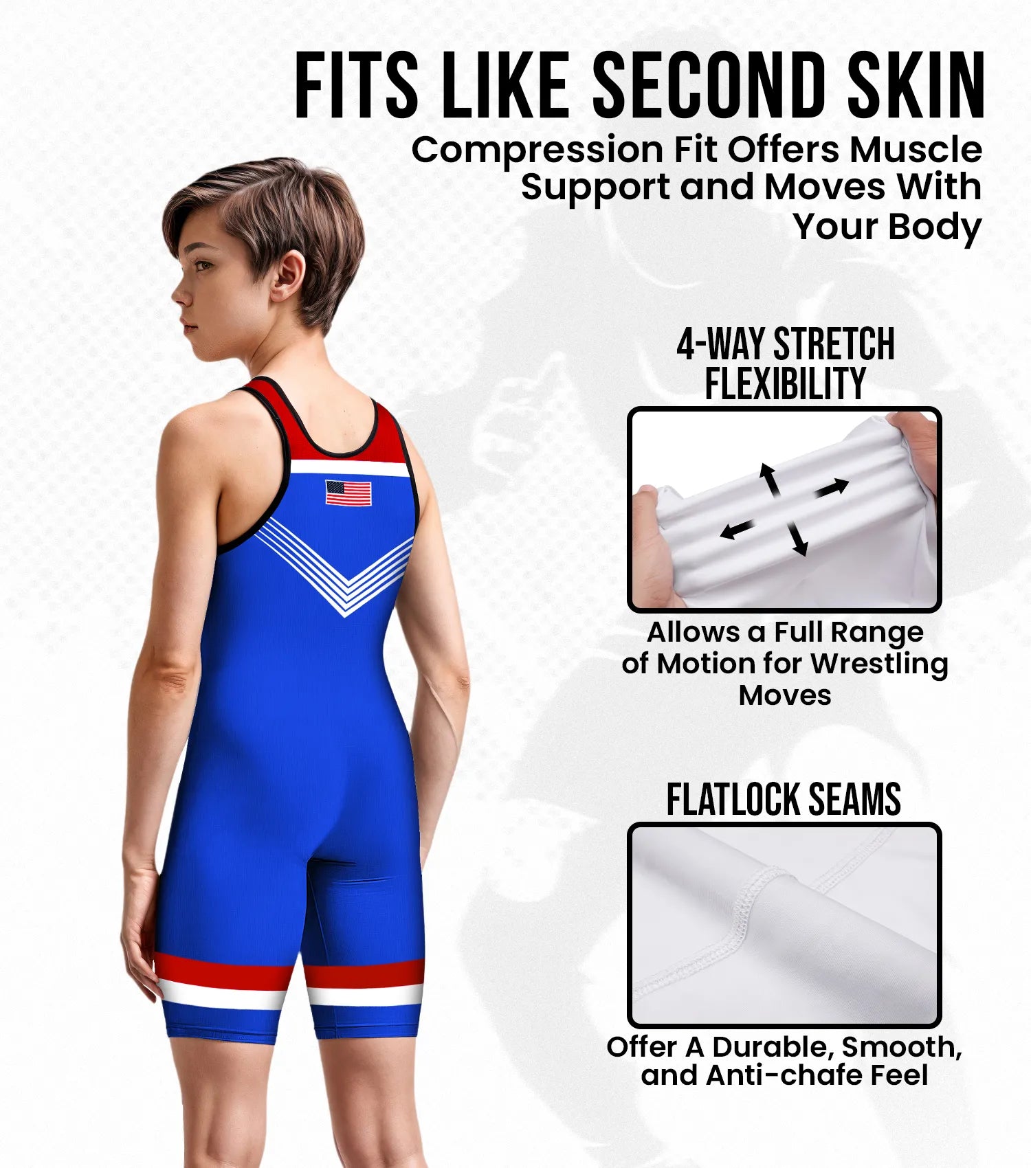 Boys Youth Sublimated Wrestling Singlets Royal Blue USA