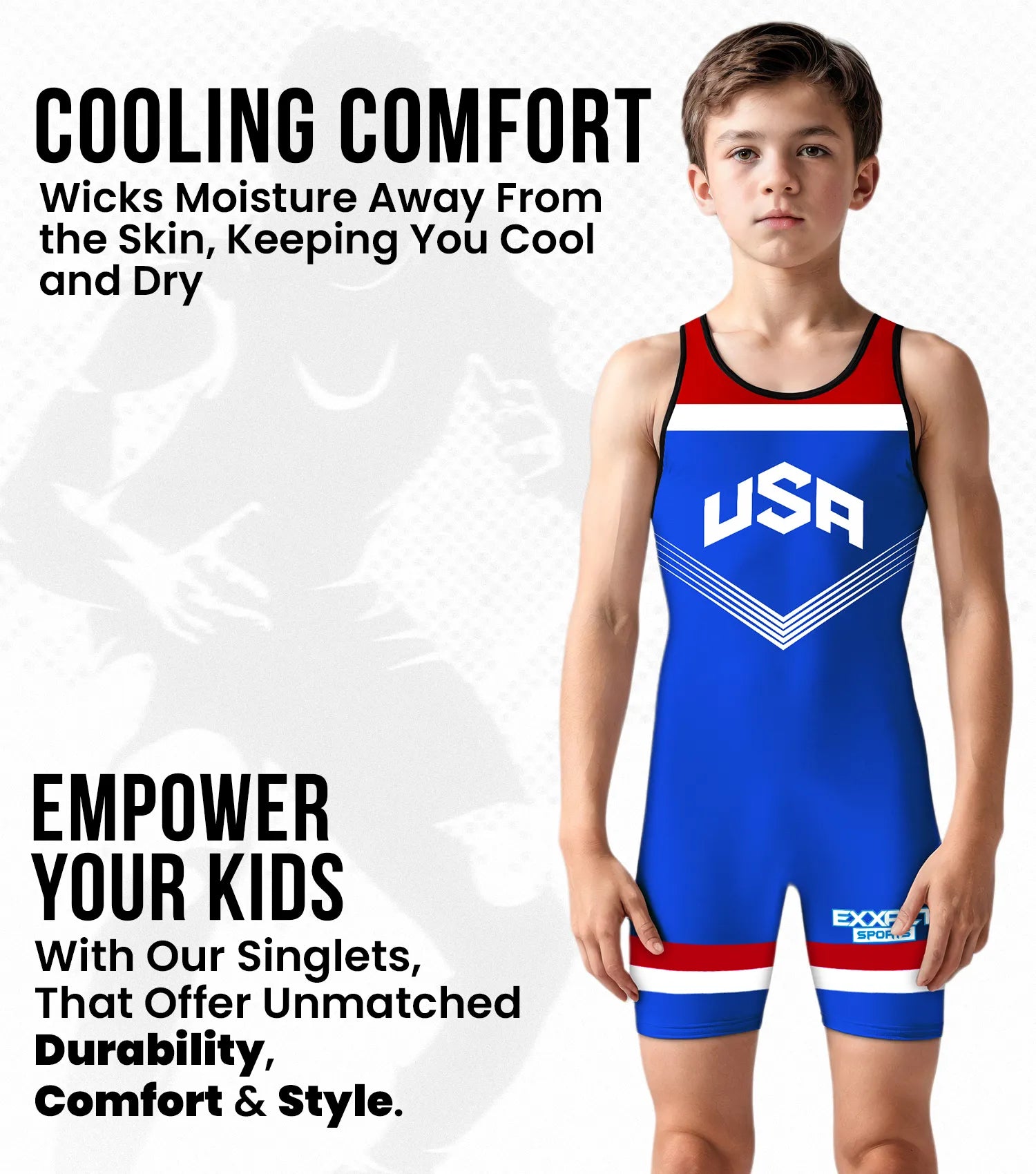 Boys Youth Sublimated Wrestling Singlets Royal Blue USA