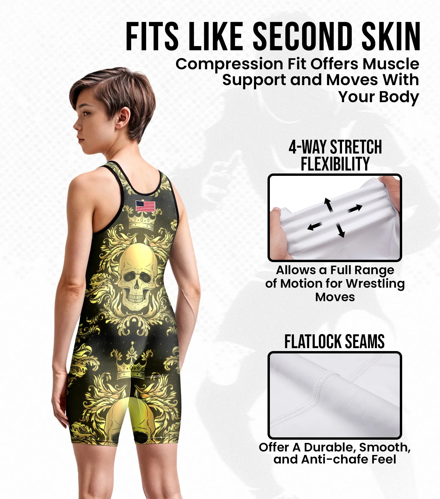 Boys Youth Sublimated Wrestling Singlets Skull