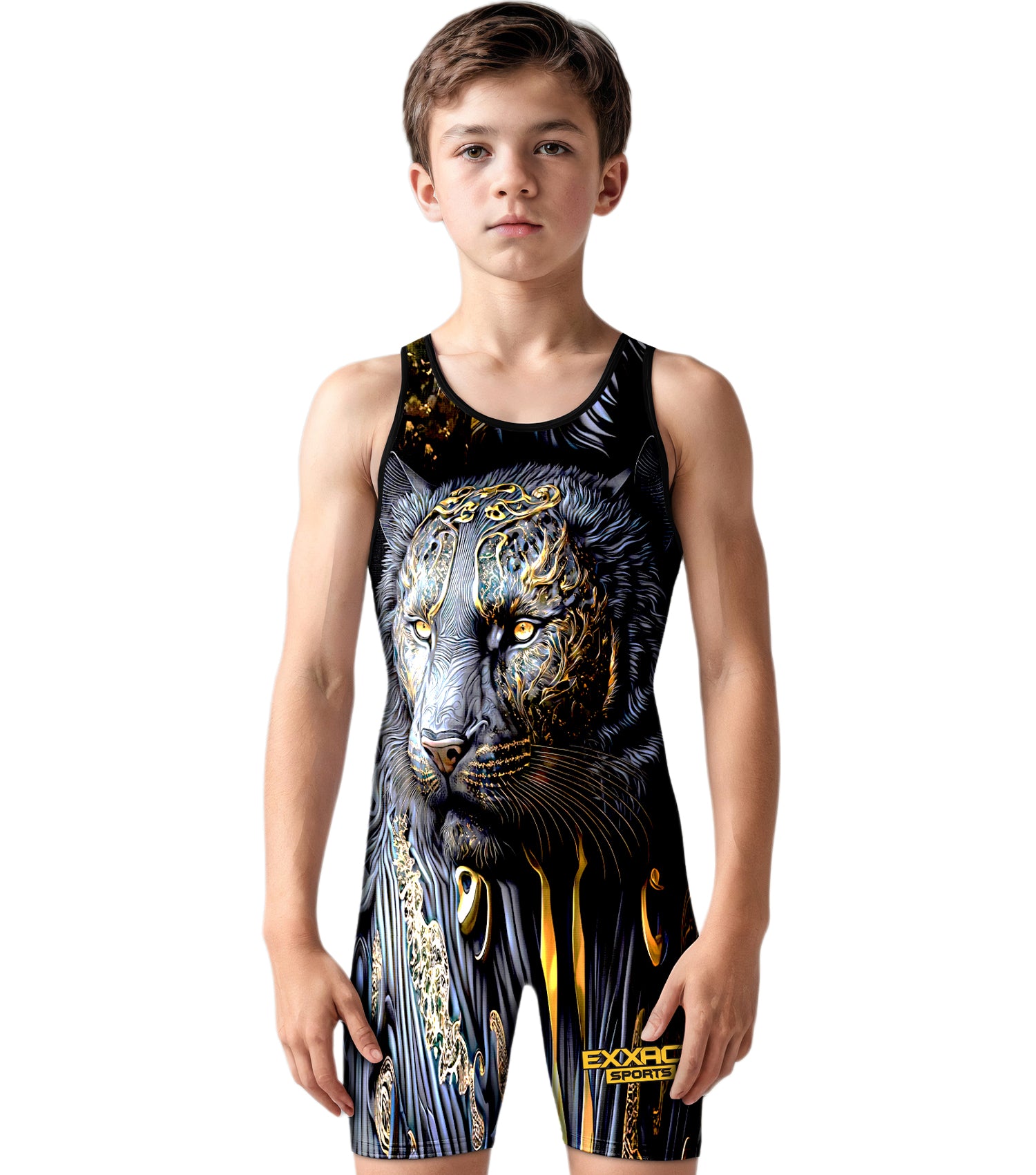 Boys Youth Sublimated Wrestling Singlets Black Lion