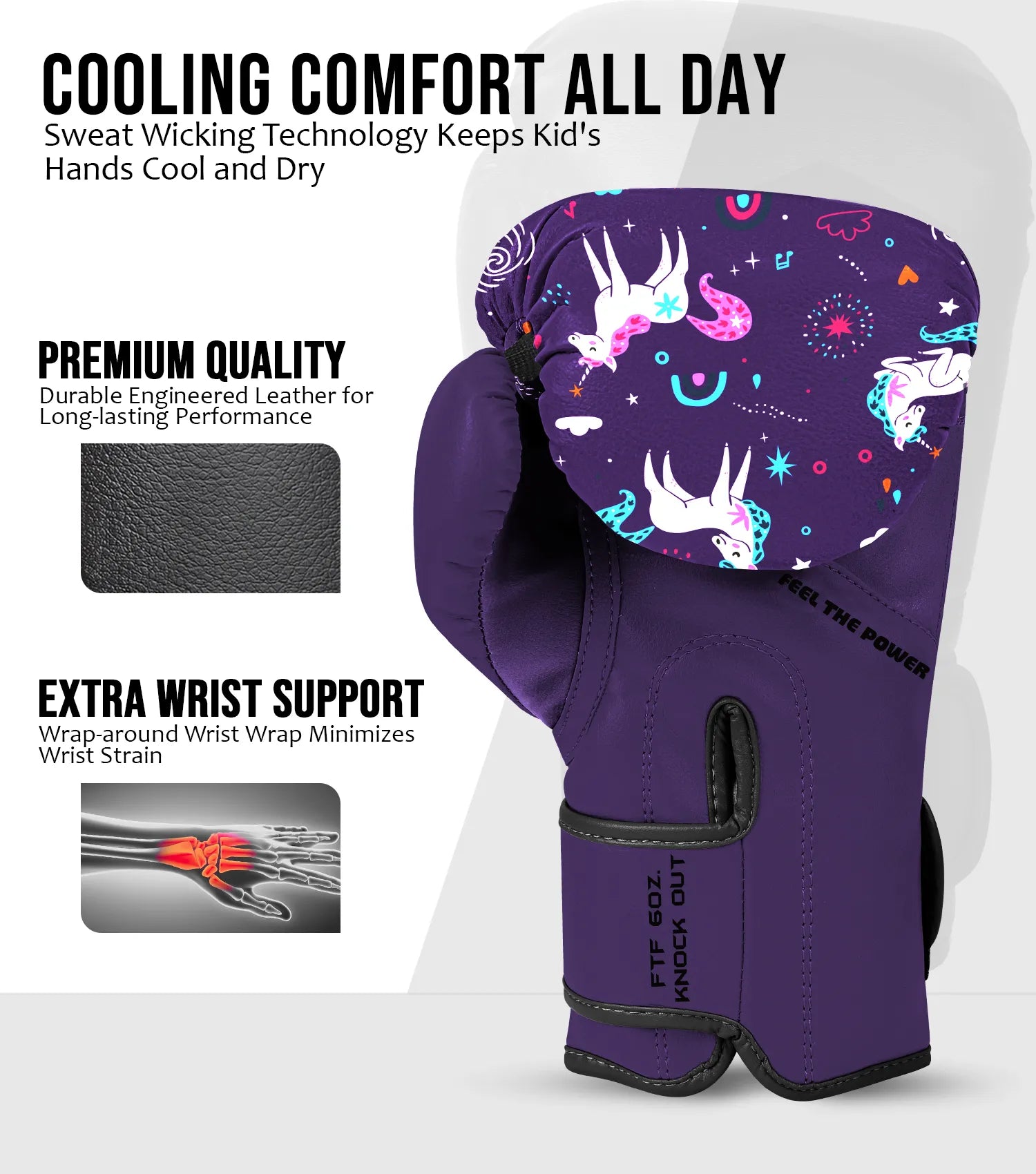 Kids Printed Knockout Boxing Gloves with Padded Protection Unicorn