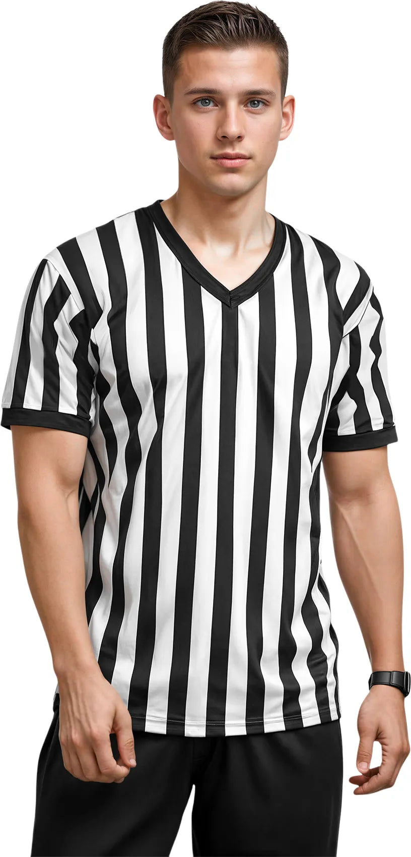 Referee Shirt for Men and Women, Black & White Stripes Umpire Uniform (V-Neck)