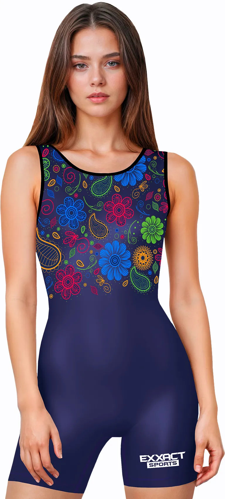 Sublimated Women's Wrestling Singlets, High-Cut Female Singlets (Paisley Flower)