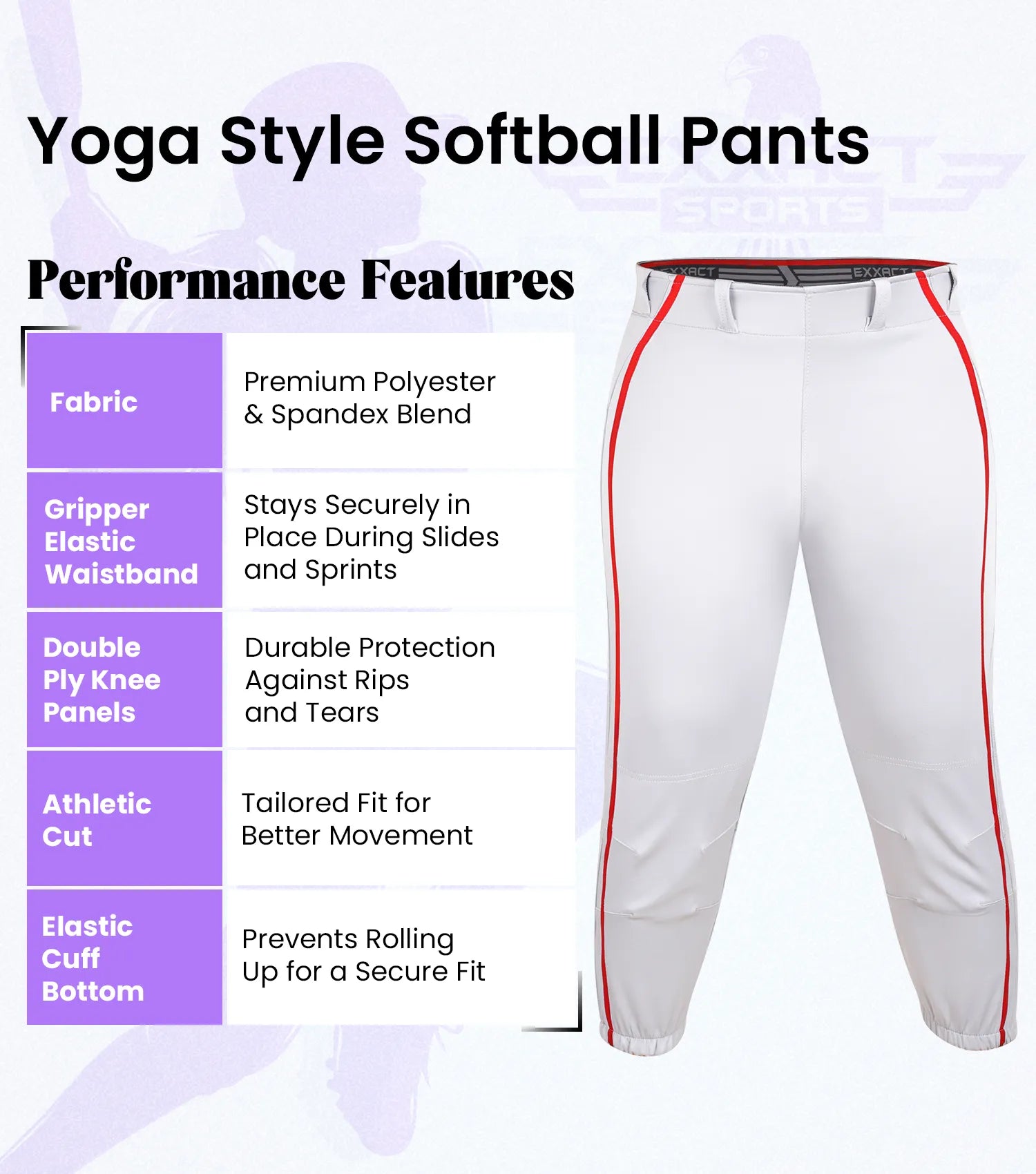 Yoga/Knicker Style Softball Pants For Women (White/Red)