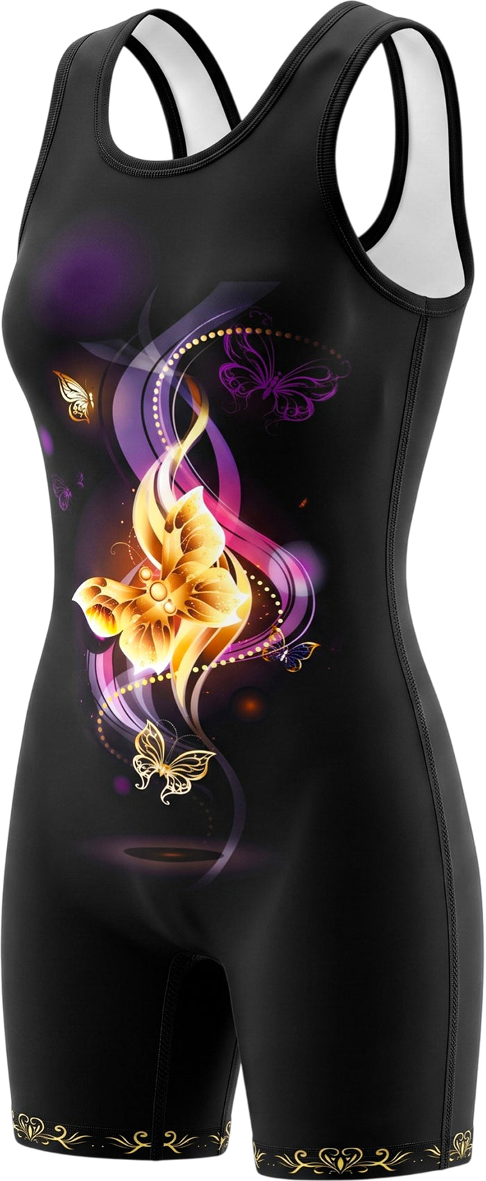 Sublimated Girl's Wrestling Singlets, High-Cut Female Singlets (Gold Butterfly)